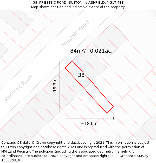 38, PRIESTSIC ROAD, SUTTON-IN-ASHFIELD, NG17 4EB: Plot and title map
