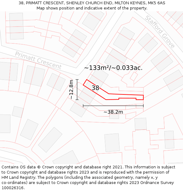 38, PRIMATT CRESCENT, SHENLEY CHURCH END, MILTON KEYNES, MK5 6AS: Plot and title map