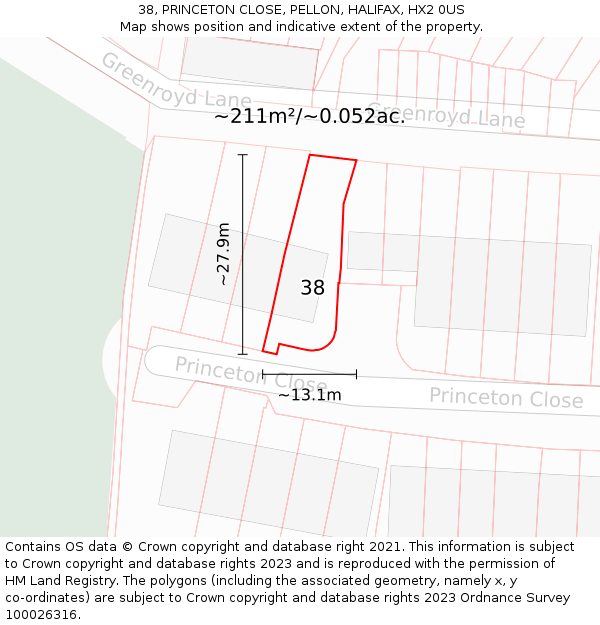 38, PRINCETON CLOSE, PELLON, HALIFAX, HX2 0US: Plot and title map