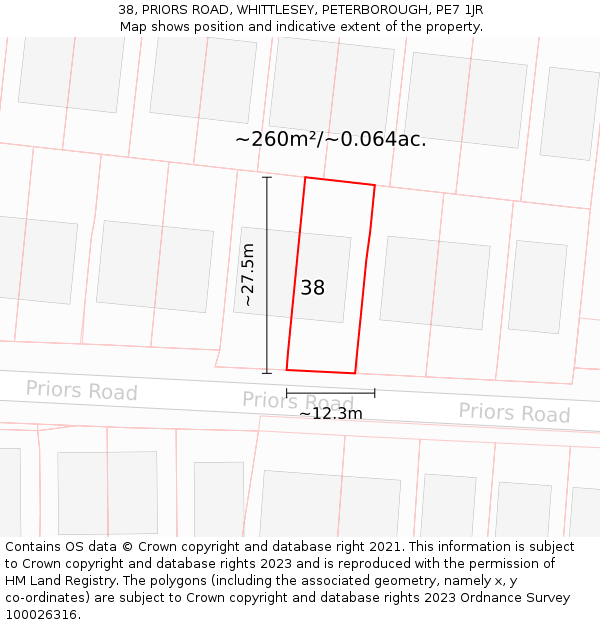 38, PRIORS ROAD, WHITTLESEY, PETERBOROUGH, PE7 1JR: Plot and title map