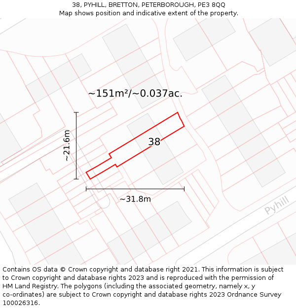 38, PYHILL, BRETTON, PETERBOROUGH, PE3 8QQ: Plot and title map