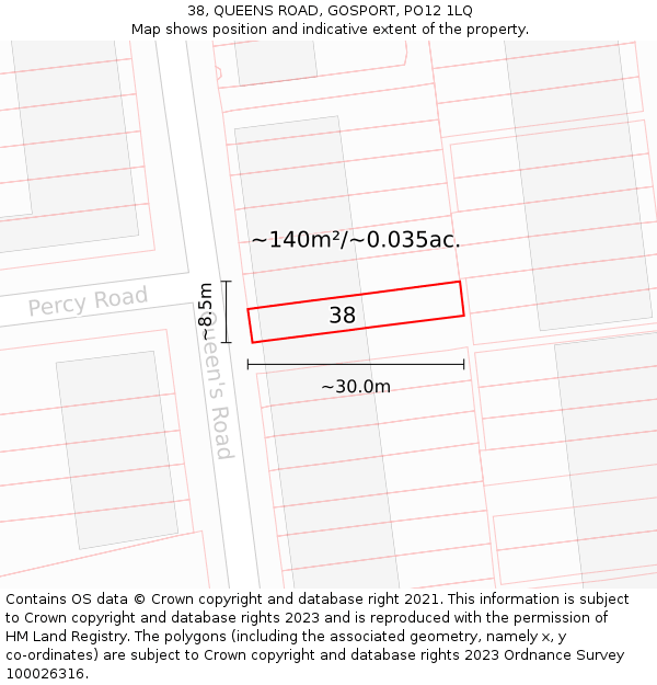 38, QUEENS ROAD, GOSPORT, PO12 1LQ: Plot and title map
