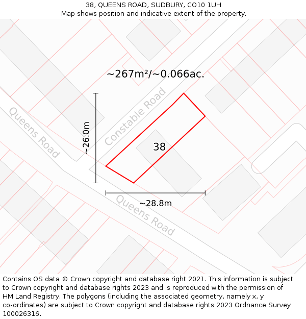 38, QUEENS ROAD, SUDBURY, CO10 1UH: Plot and title map