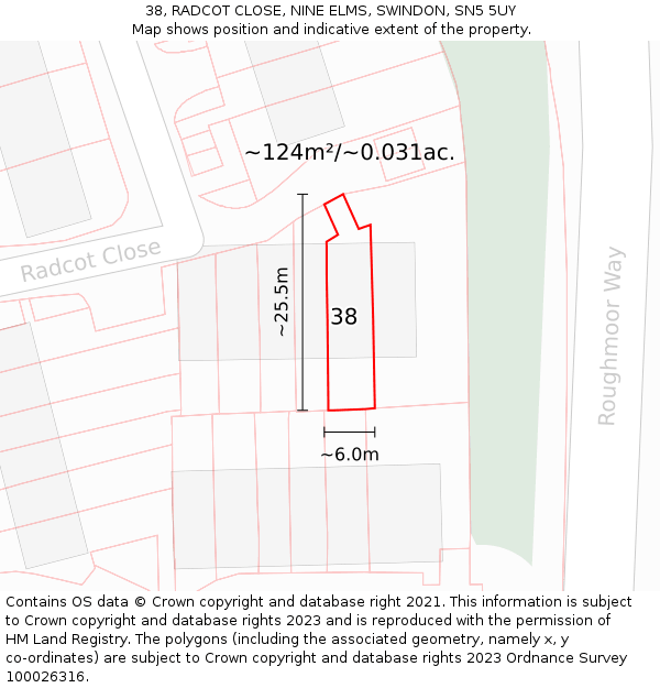38, RADCOT CLOSE, NINE ELMS, SWINDON, SN5 5UY: Plot and title map