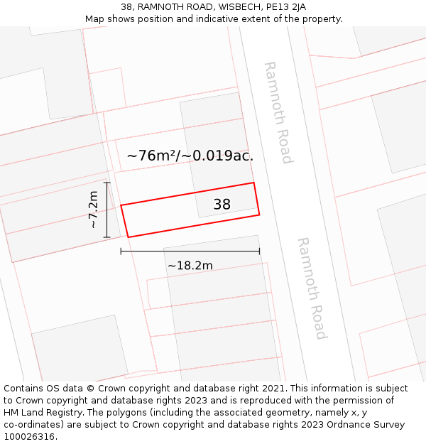 38, RAMNOTH ROAD, WISBECH, PE13 2JA: Plot and title map