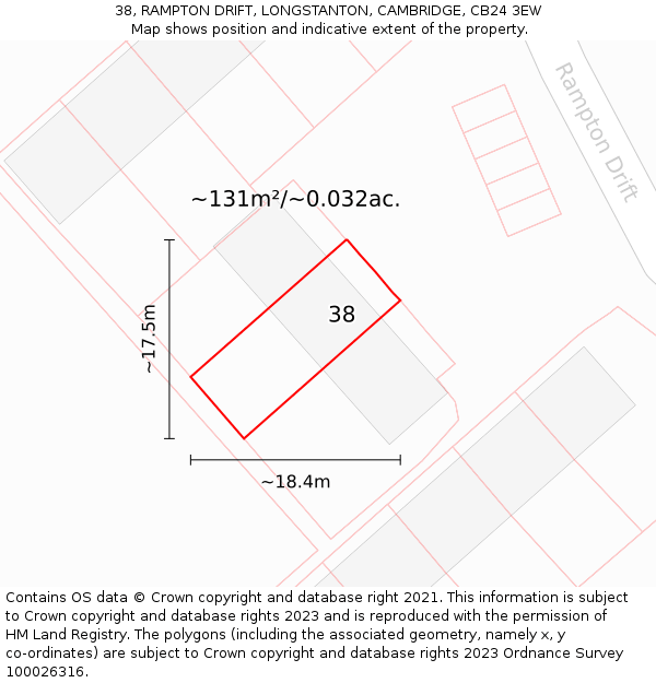 38, RAMPTON DRIFT, LONGSTANTON, CAMBRIDGE, CB24 3EW: Plot and title map