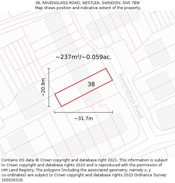 38, RAVENGLASS ROAD, WESTLEA, SWINDON, SN5 7BW: Plot and title map