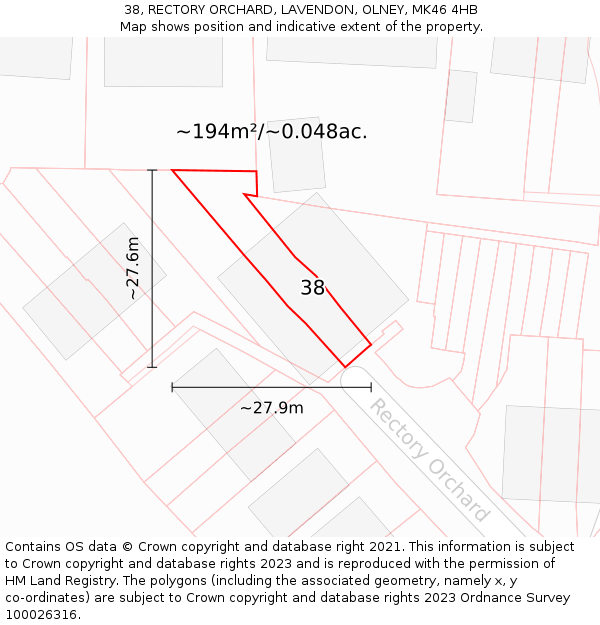 38, RECTORY ORCHARD, LAVENDON, OLNEY, MK46 4HB: Plot and title map