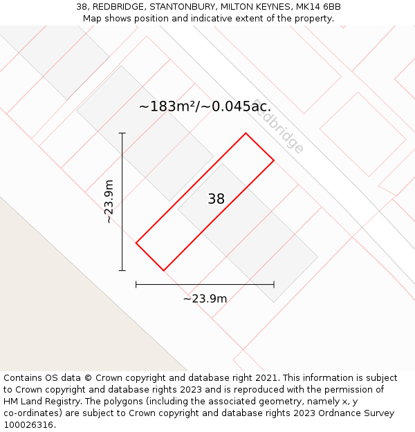 38, REDBRIDGE, STANTONBURY, MILTON KEYNES, MK14 6BB: Plot and title map