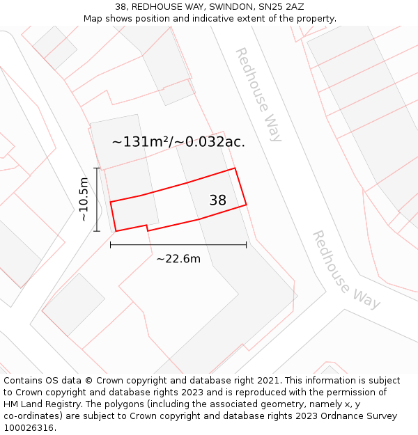 38, REDHOUSE WAY, SWINDON, SN25 2AZ: Plot and title map