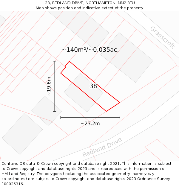 38, REDLAND DRIVE, NORTHAMPTON, NN2 8TU: Plot and title map
