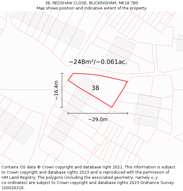 38, REDSHAW CLOSE, BUCKINGHAM, MK18 7BS: Plot and title map