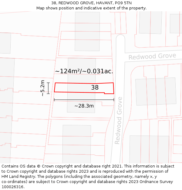 38, REDWOOD GROVE, HAVANT, PO9 5TN: Plot and title map