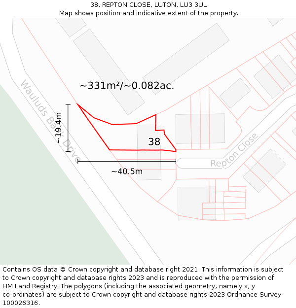 38, REPTON CLOSE, LUTON, LU3 3UL: Plot and title map