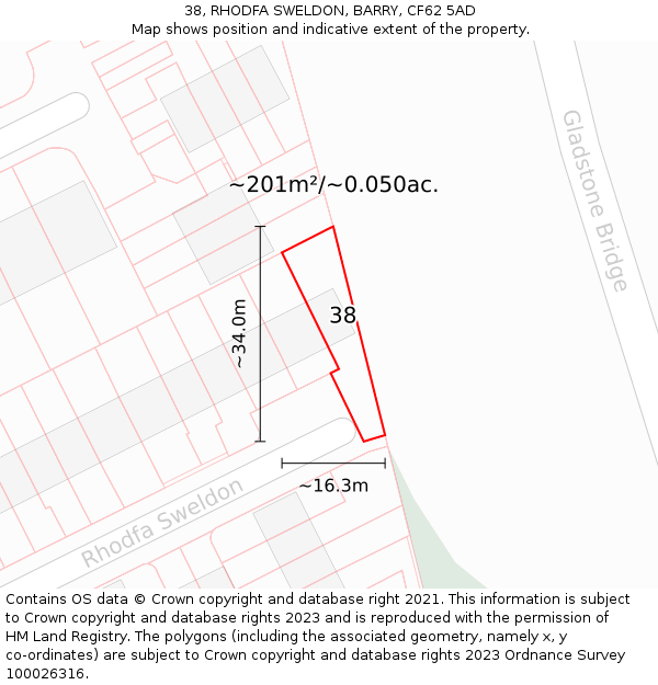 38, RHODFA SWELDON, BARRY, CF62 5AD: Plot and title map