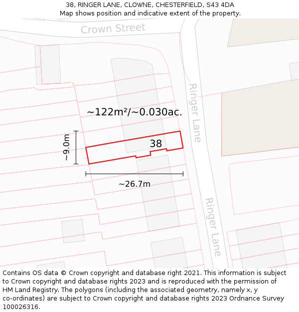 38, RINGER LANE, CLOWNE, CHESTERFIELD, S43 4DA: Plot and title map