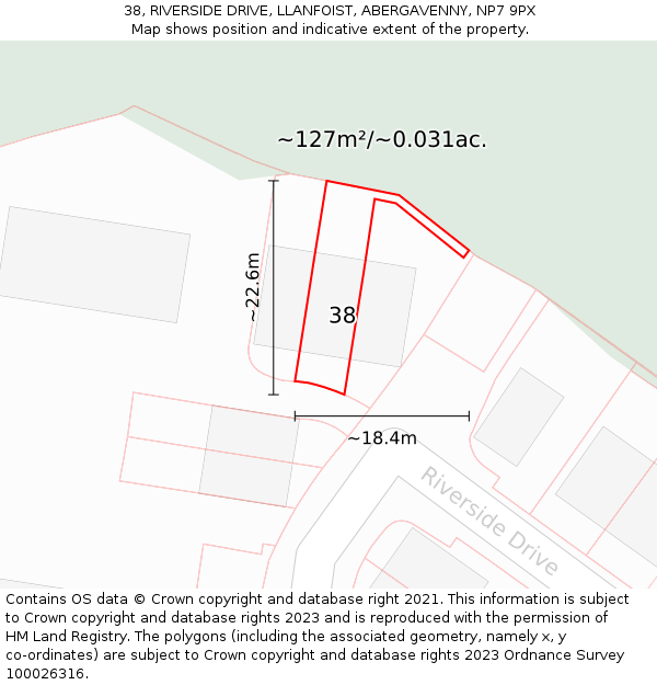 38, RIVERSIDE DRIVE, LLANFOIST, ABERGAVENNY, NP7 9PX: Plot and title map