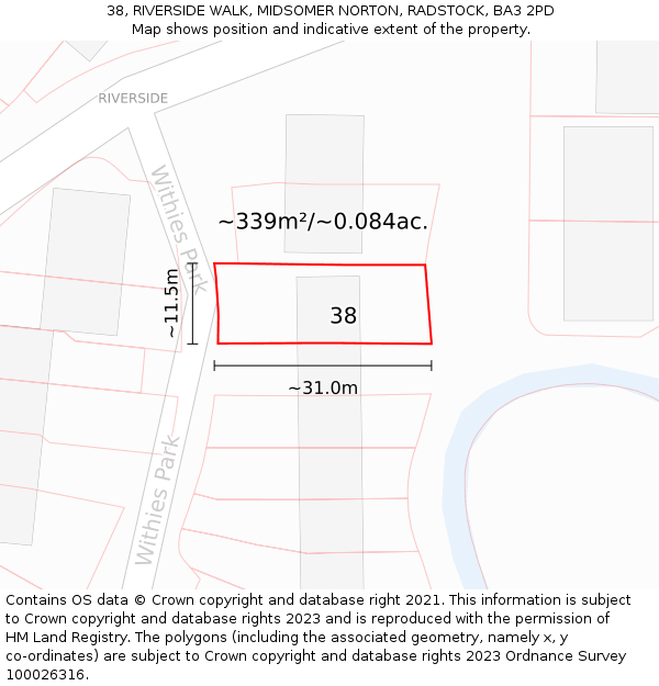 38, RIVERSIDE WALK, MIDSOMER NORTON, RADSTOCK, BA3 2PD: Plot and title map