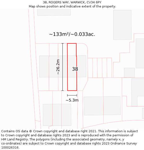 38, ROGERS WAY, WARWICK, CV34 6PY: Plot and title map