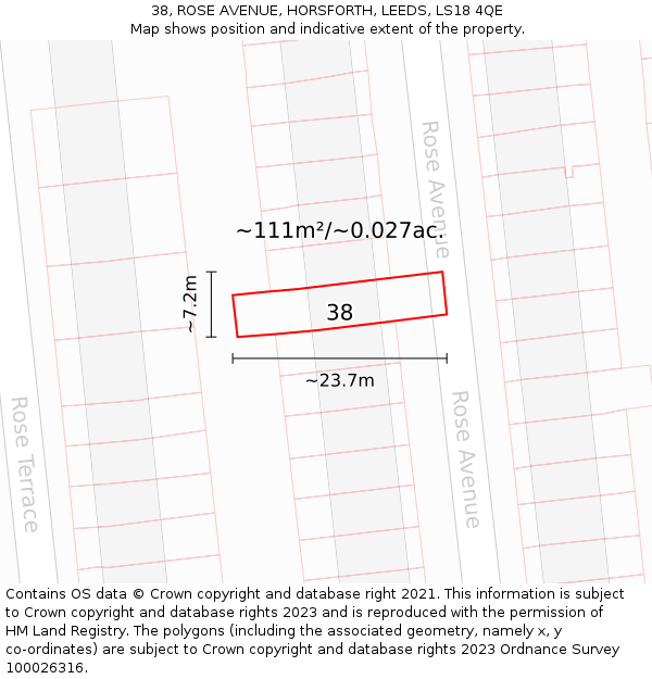 38, ROSE AVENUE, HORSFORTH, LEEDS, LS18 4QE: Plot and title map