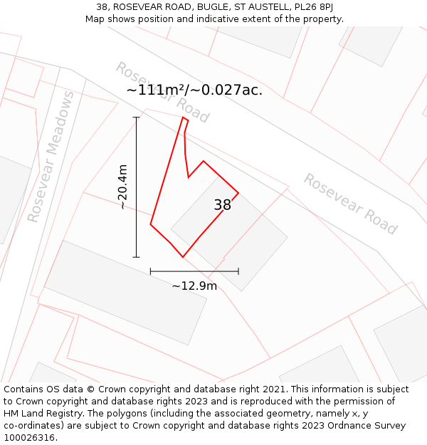 38, ROSEVEAR ROAD, BUGLE, ST AUSTELL, PL26 8PJ: Plot and title map