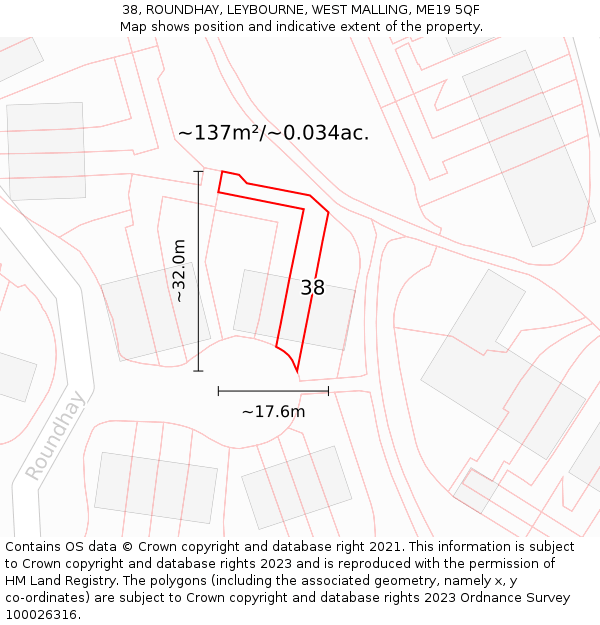 38, ROUNDHAY, LEYBOURNE, WEST MALLING, ME19 5QF: Plot and title map