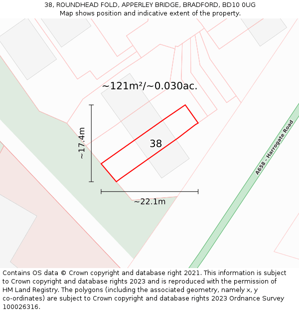 38, ROUNDHEAD FOLD, APPERLEY BRIDGE, BRADFORD, BD10 0UG: Plot and title map