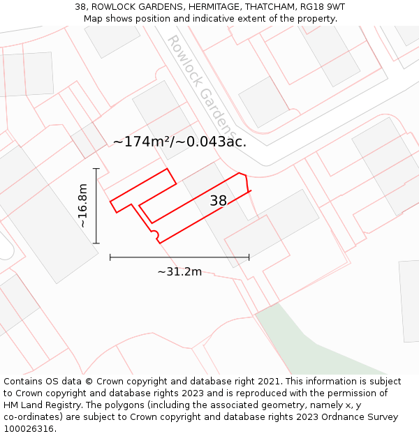 38, ROWLOCK GARDENS, HERMITAGE, THATCHAM, RG18 9WT: Plot and title map