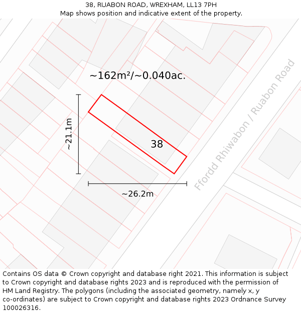38, RUABON ROAD, WREXHAM, LL13 7PH: Plot and title map
