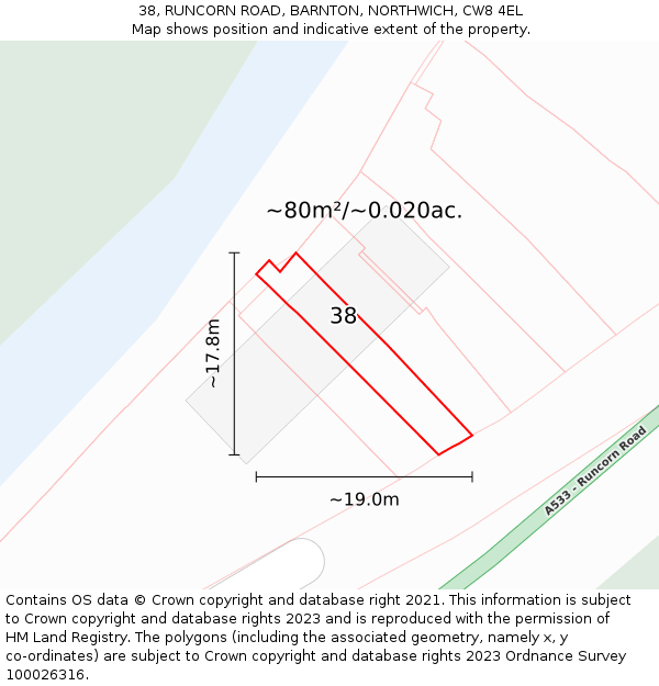 38, RUNCORN ROAD, BARNTON, NORTHWICH, CW8 4EL: Plot and title map