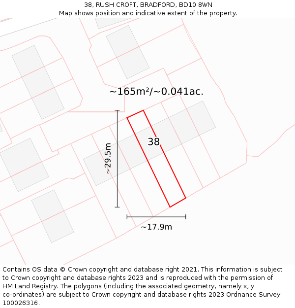 38, RUSH CROFT, BRADFORD, BD10 8WN: Plot and title map