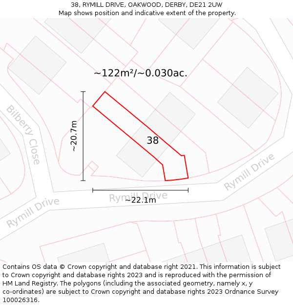 38, RYMILL DRIVE, OAKWOOD, DERBY, DE21 2UW: Plot and title map
