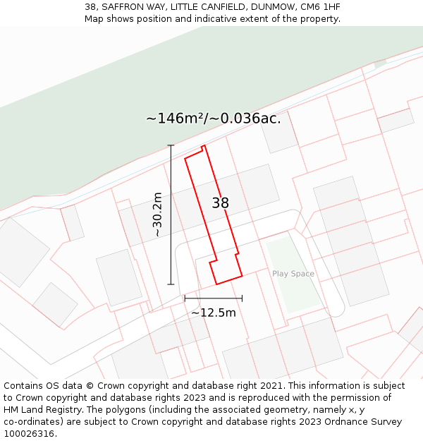 38, SAFFRON WAY, LITTLE CANFIELD, DUNMOW, CM6 1HF: Plot and title map