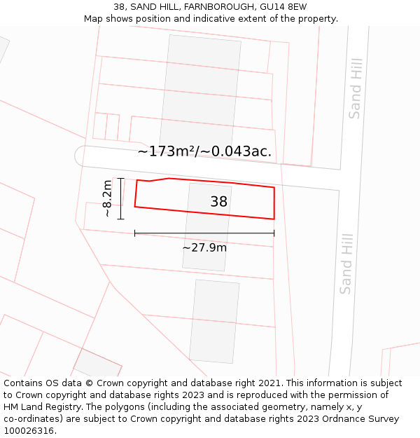 38, SAND HILL, FARNBOROUGH, GU14 8EW: Plot and title map