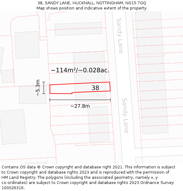 38, SANDY LANE, HUCKNALL, NOTTINGHAM, NG15 7GQ: Plot and title map