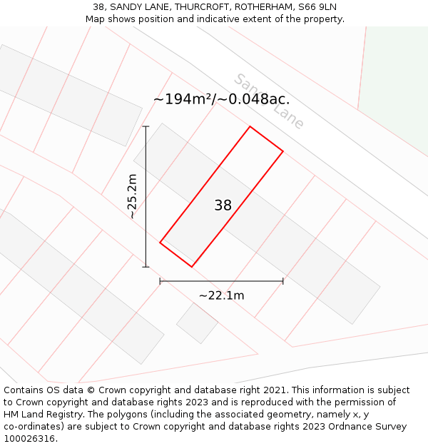 38, SANDY LANE, THURCROFT, ROTHERHAM, S66 9LN: Plot and title map