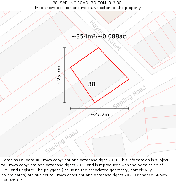38, SAPLING ROAD, BOLTON, BL3 3QL: Plot and title map