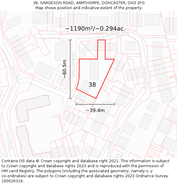 38, SARGESON ROAD, ARMTHORPE, DONCASTER, DN3 2FG: Plot and title map