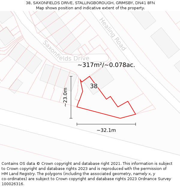 38, SAXONFIELDS DRIVE, STALLINGBOROUGH, GRIMSBY, DN41 8FN: Plot and title map