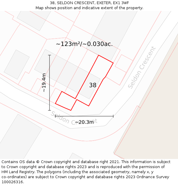 38, SELDON CRESCENT, EXETER, EX1 3WF: Plot and title map