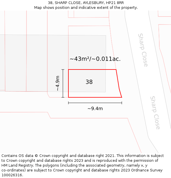 38, SHARP CLOSE, AYLESBURY, HP21 8RR: Plot and title map