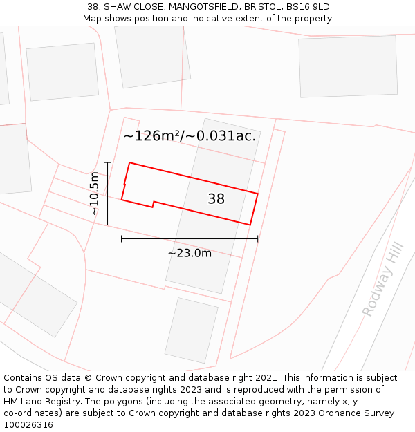 38, SHAW CLOSE, MANGOTSFIELD, BRISTOL, BS16 9LD: Plot and title map