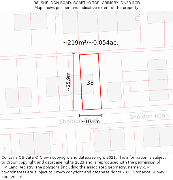 38, SHELDON ROAD, SCARTHO TOP, GRIMSBY, DN33 3GB: Plot and title map