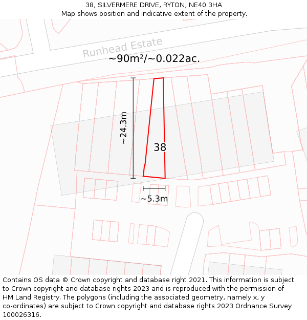 38, SILVERMERE DRIVE, RYTON, NE40 3HA: Plot and title map
