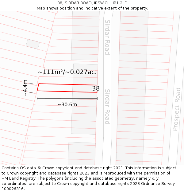 38, SIRDAR ROAD, IPSWICH, IP1 2LD: Plot and title map
