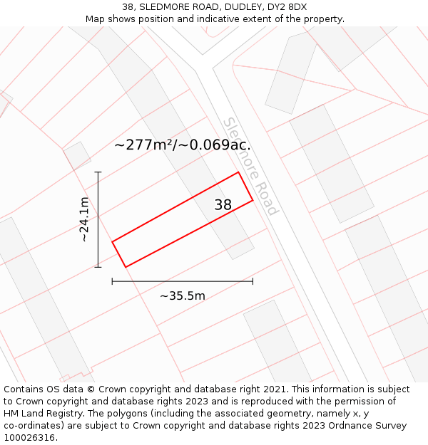 38, SLEDMORE ROAD, DUDLEY, DY2 8DX: Plot and title map