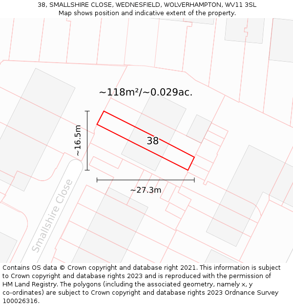 38, SMALLSHIRE CLOSE, WEDNESFIELD, WOLVERHAMPTON, WV11 3SL: Plot and title map