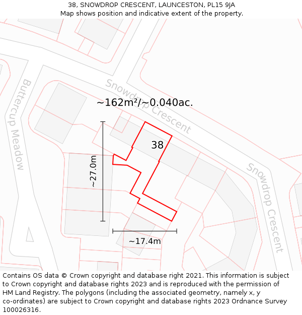 38, SNOWDROP CRESCENT, LAUNCESTON, PL15 9JA: Plot and title map