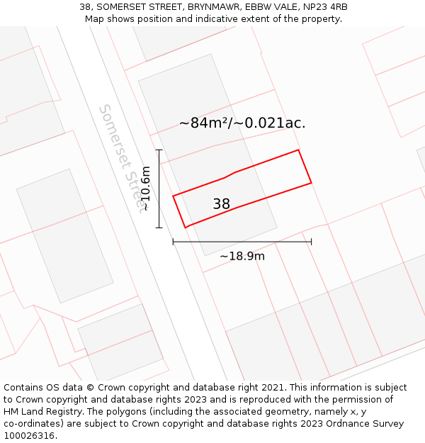 38, SOMERSET STREET, BRYNMAWR, EBBW VALE, NP23 4RB: Plot and title map