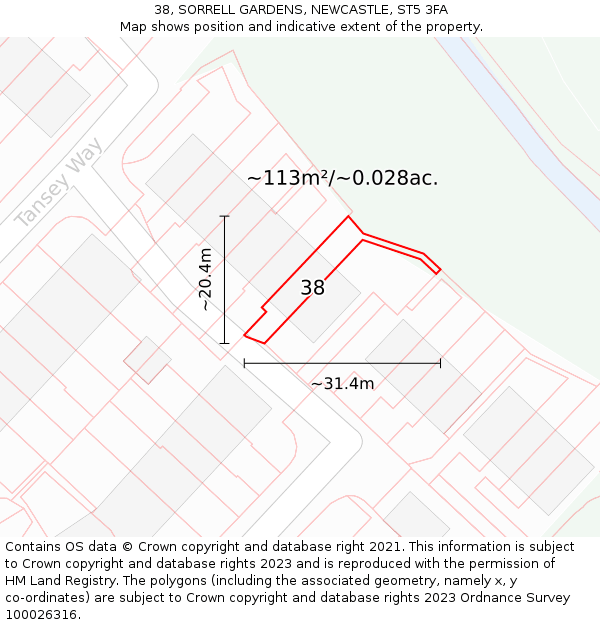 38, SORRELL GARDENS, NEWCASTLE, ST5 3FA: Plot and title map
